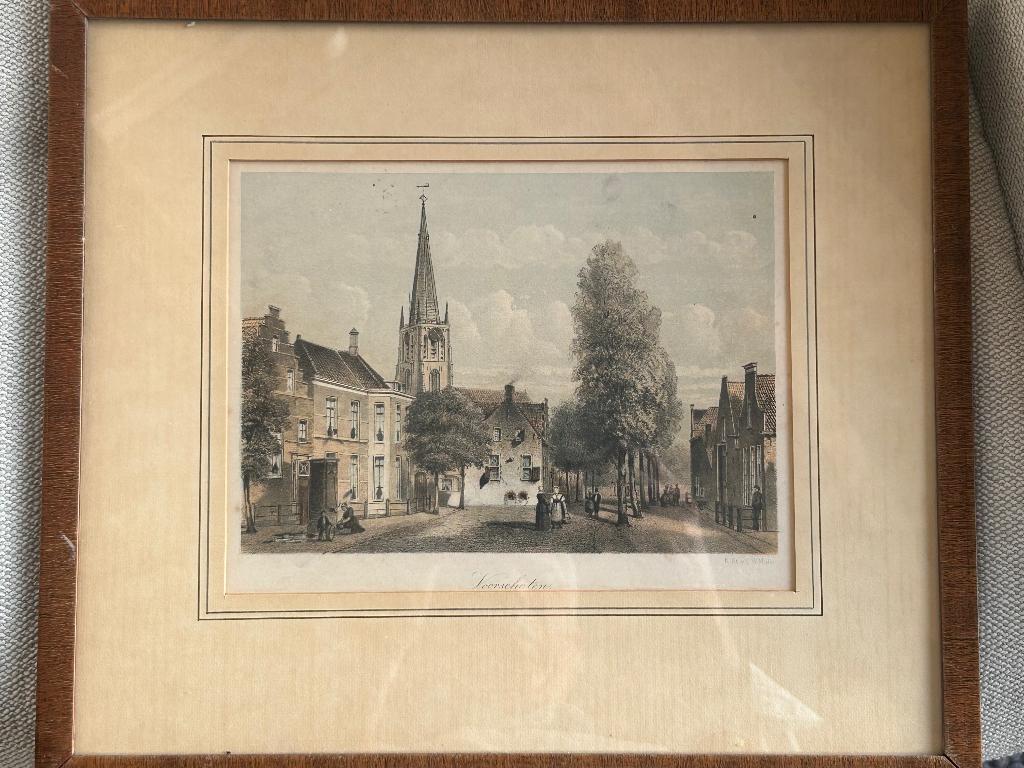 Oude, antieke prent van Voorschoten.  Ingelijst., Antiek en Kunst, Kunst | Etsen en Gravures, Ophalen of Verzenden, Stadsgezicht