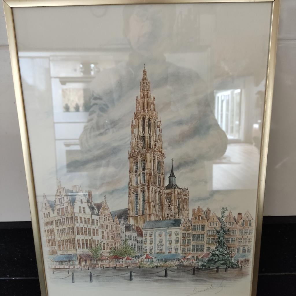 Ingelijste aquarel Kathedraal Antwerpen, Ophalen of Verzenden