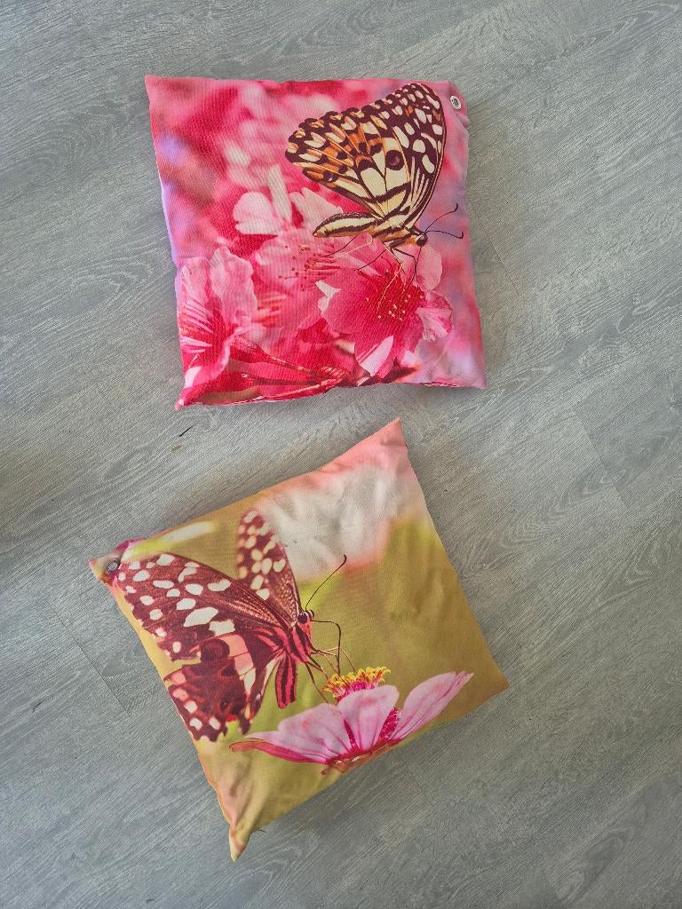 Roze Groene TuinKussens met Vlinder 42x42cm, Ophalen of Verzenden, Zo goed als nieuw, Roze, Vierkant