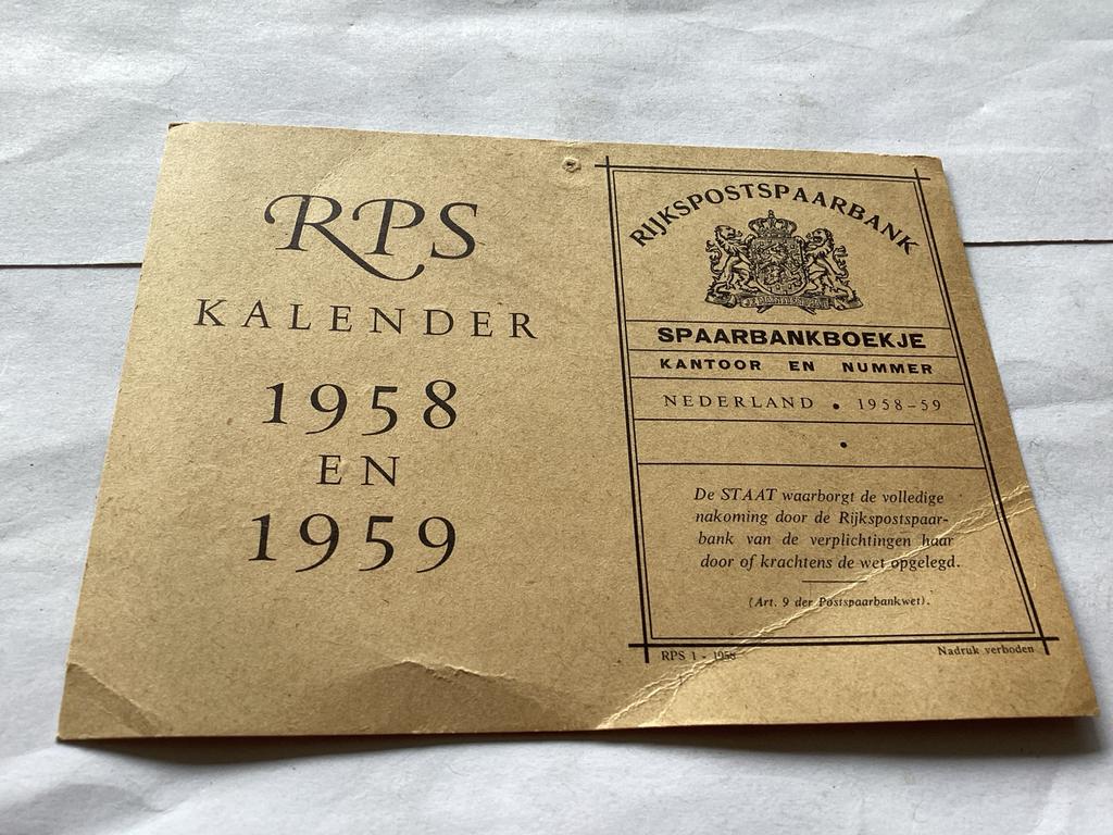 Kalender 1958-1959 rijkspostspaarbank, Ophalen of Verzenden