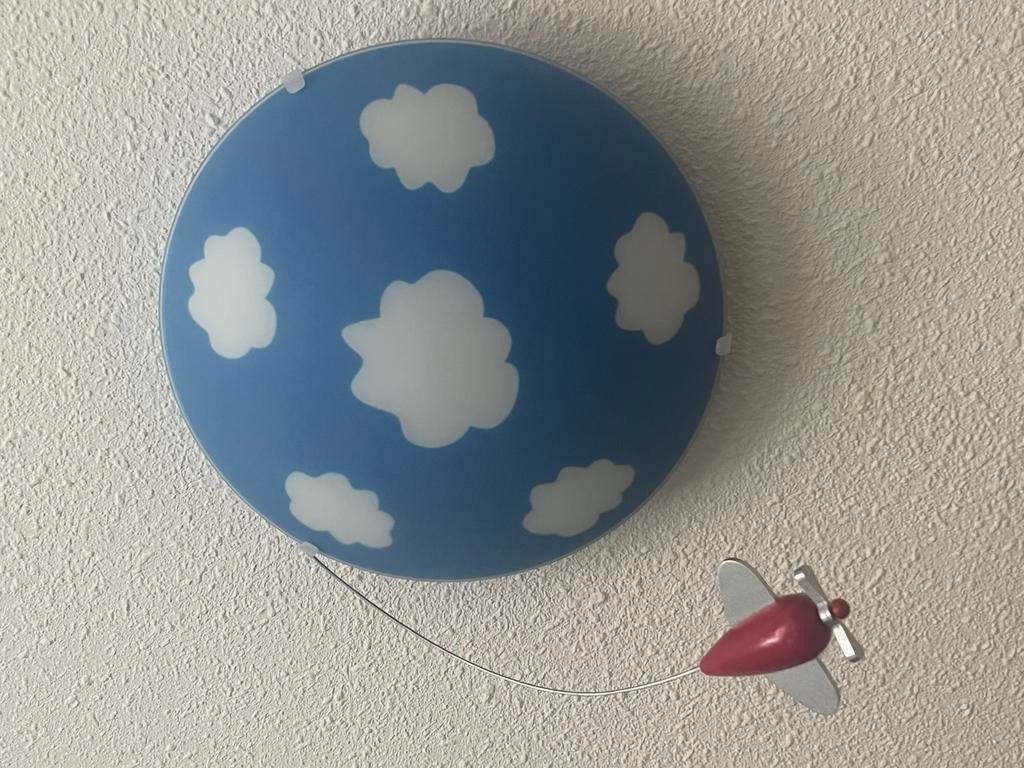 Plafondlamp kinderkamer wolken en vliegtuig, Ophalen, Gebruikt, Glas