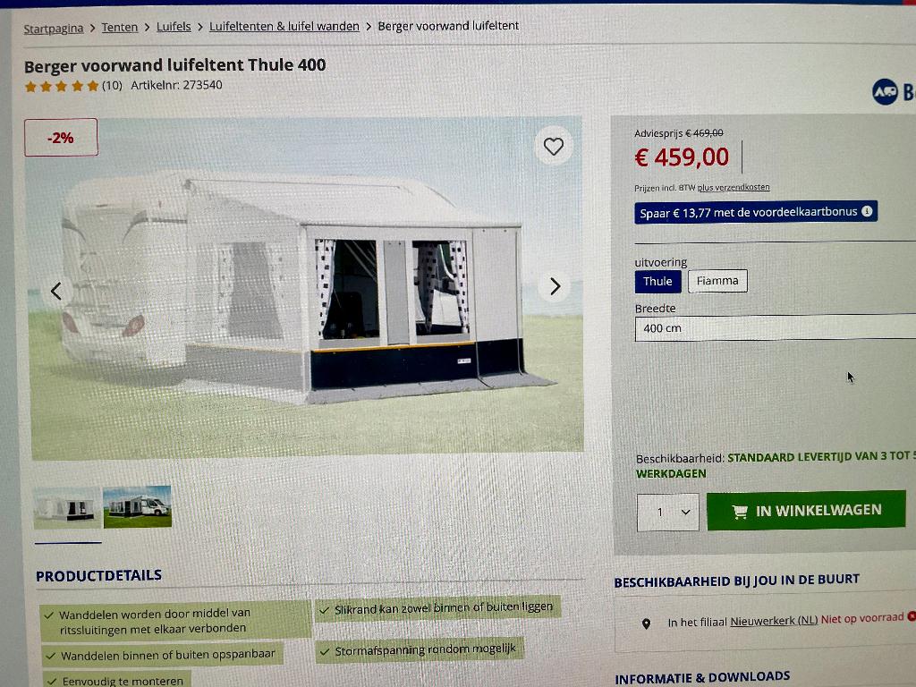 Berger voorwand luifeltent Thule 400, Ophalen of Verzenden, Nieuw