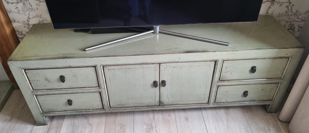 Tv meubel Old Green Grey hoogglans, Ophalen, 150 tot 200 cm, Zo goed als nieuw, Minder dan 100 cm