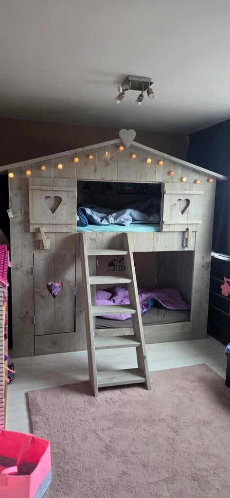 Uniek Houten Speelhuisbed / Hoogslaper met Ladder, Ophalen, 85 tot 100 cm, Handgemaakt, Onbekend