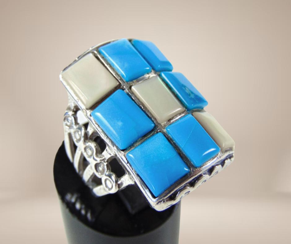 Zeldzame NAVAJO zilver turquoise COBBLE stone ring M17,5/18, Gebruikt, Verzenden, X, Dame of Heer