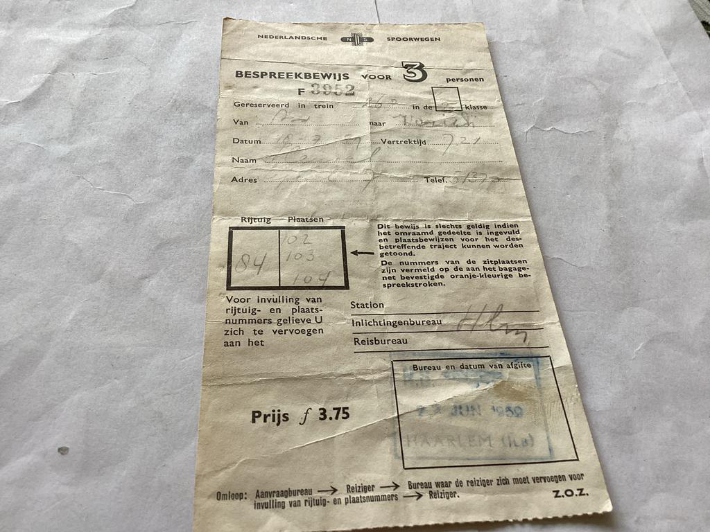 Oud Nederlands Spoorwegen Bespreekbewijs 1959, Ophalen of Verzenden
