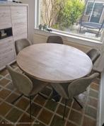 Industriële ronde eettafel en salontafel, eiken blad, Huis en Inrichting, Tafels | Eettafels, Ophalen, Zo goed als nieuw, Rond