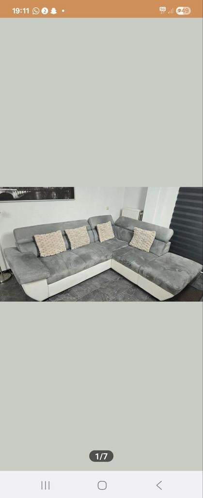 Moderne hoekbank wit kunstleer en grijs stof, 250 tot 300 cm, Gebruikt, 100 tot 125 cm, Hoekbank