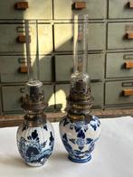 Delfts Blauwe olielamp, messing brander, glazen schoorsteen., Ophalen of Verzenden
