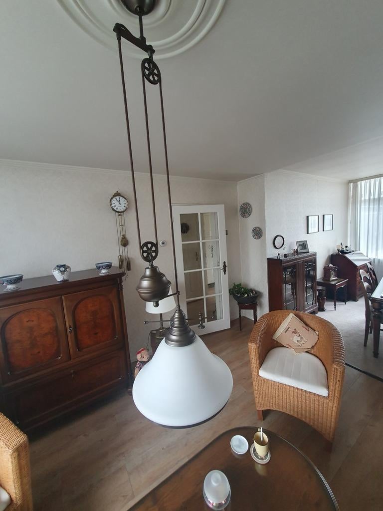 Vintage hanglamp met katrol. In uitstekende staat., Huis en Inrichting, Lampen | Hanglampen, Ophalen, Zo goed als nieuw, Minder dan 50 cm