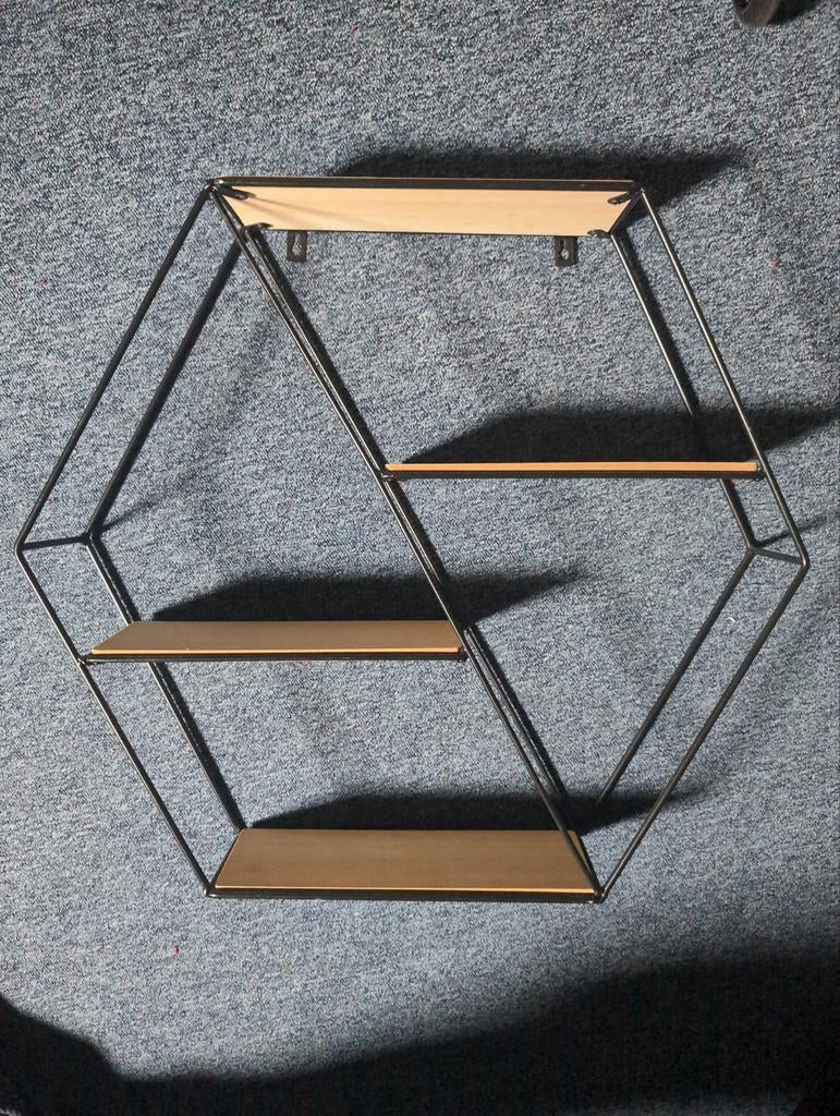 Hexagonaal wandrek metaal met houten planken, Ophalen, Gebruikt