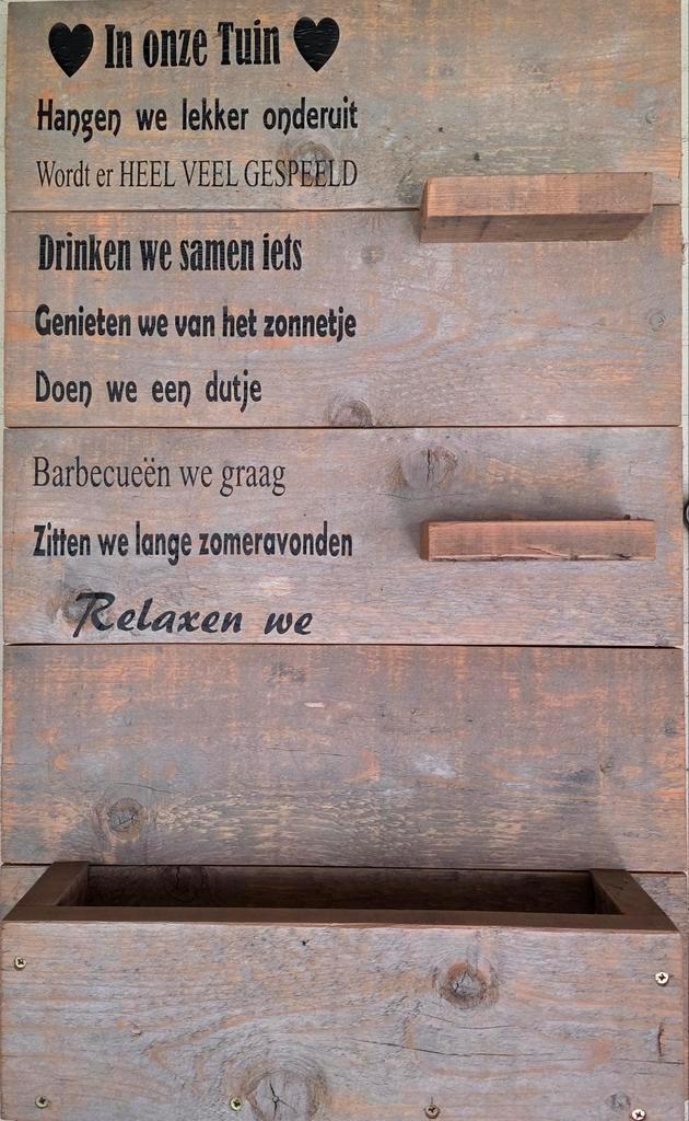 Leuk houten tuinbord 'In onze Tuin' 97x60cm, Tuin en Terras, Tuinbeelden, Gebruikt, Hout, Ophalen