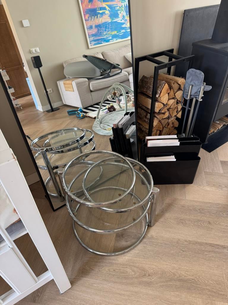 Draaibare salontafel chroom + glas, Ophalen, Minder dan 45 cm, Minder dan 55 cm, Gebruikt