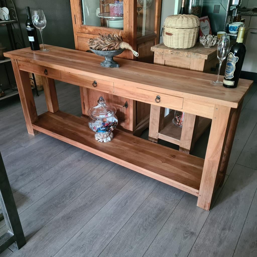 Sidetable teakhout met lades; 180x40x75, Huis en Inrichting, Tafels | Sidetables, Ophalen, Teakhout, 150 tot 200 cm, Landelijk