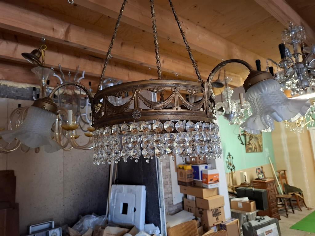 Klassieke hanglamp 3 kapjes messing glas rokje., Ophalen of Verzenden, Glas