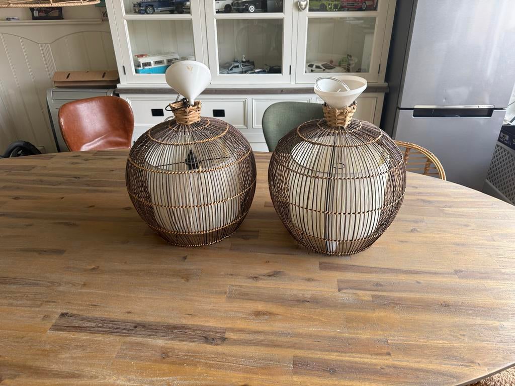 Set van 2 rotan hanglampen - Boheemse stijl, Ophalen, Gebruikt, Stof, Minder dan 50 cm