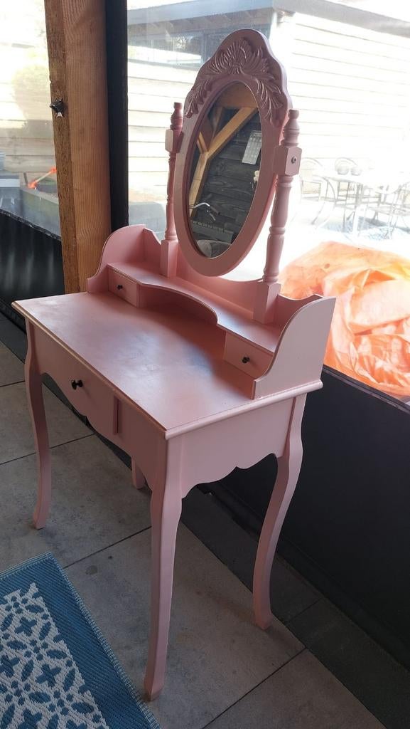 Roze kaptafel met spiegel en lades, Huis en Inrichting, Tafels | Kaptafels, Gebruikt, 100 tot 150 cm, 50 tot 100 cm, Hout, Ophalen of Verzenden