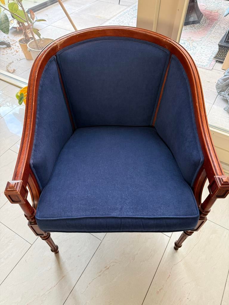Klassieke fauteuil met blauwe bekleding, Ophalen of Verzenden
