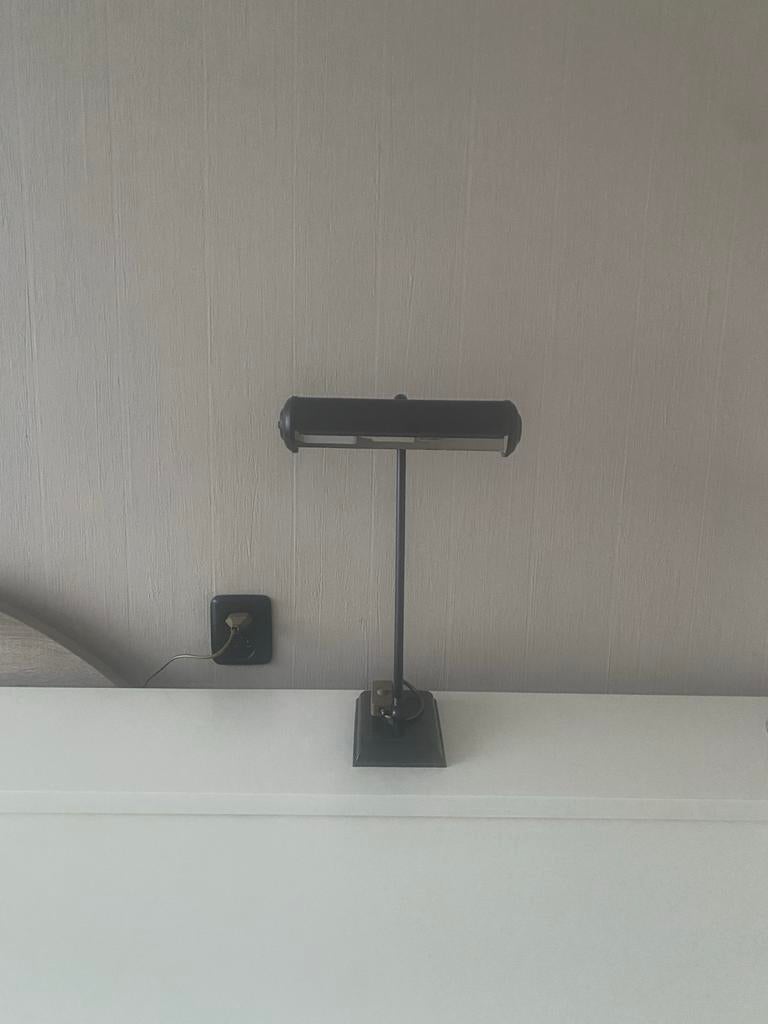 Vintage bureaulamp / pianolamp, zwart metaal, Huis en Inrichting, Lampen | Tafellampen, Ophalen of Verzenden, Gebruikt, Metaal