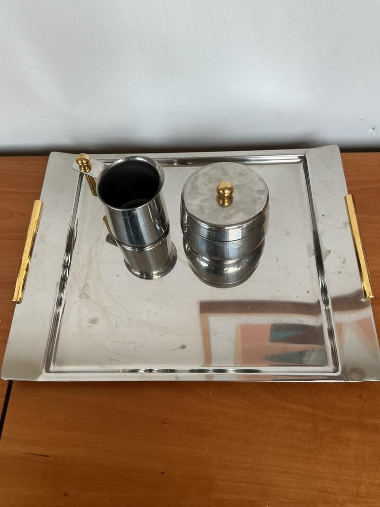 Zilverkleurig dienblad met suiker- en melksetje inox 18-10, Ophalen of Verzenden, Zo goed als nieuw, Metaal