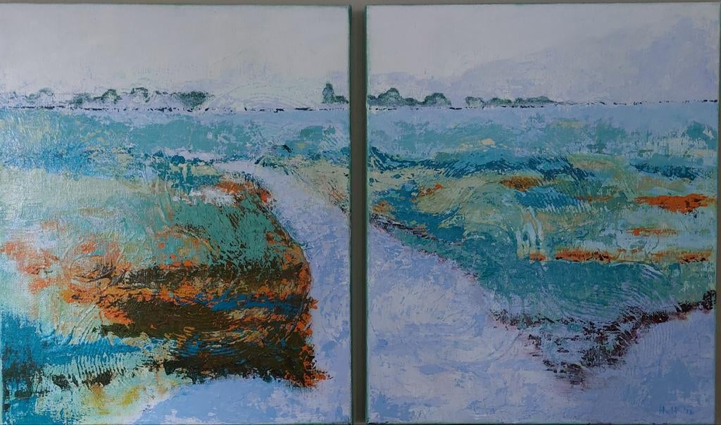 Tweeluik schilderij landschap 2 stuks 50x60x2 cm, Ophalen