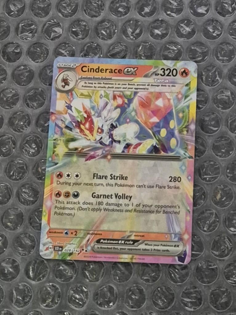 Cinderace ex 028/142 Stellar Crown Scarlet & Violet SCR, Ophalen of Verzenden, Zo goed als nieuw, Losse kaart, Foil