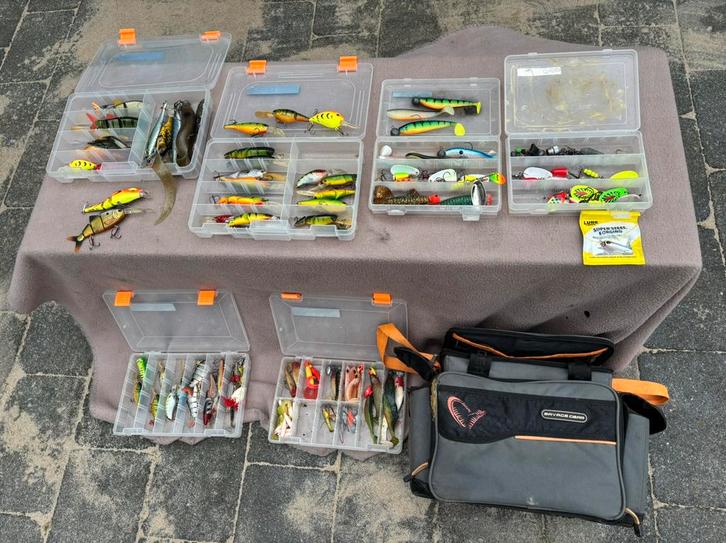 6 x tacklebox met kunstaas, pluggen, shads spro,fox,rapala, Watersport en Boten, Hengelsport | Roofvissen, Gebruikt, Complete set