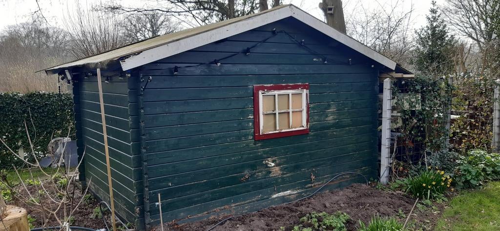 Blokhut tuinhuis schuur afmeting 414 x 425 incl. overstek., Ophalen, Gebruikt, 250 tot 500 cm, Blokhut