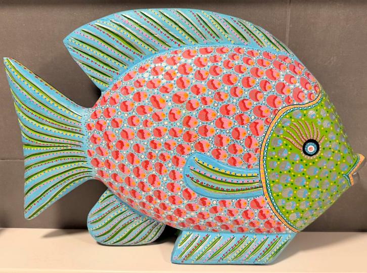 2-Zijdig beschilderde houten vis van Wendie Brauckmann, Antiek en Kunst, Kunst | Beelden en Houtsnijwerken, Ophalen of Verzenden