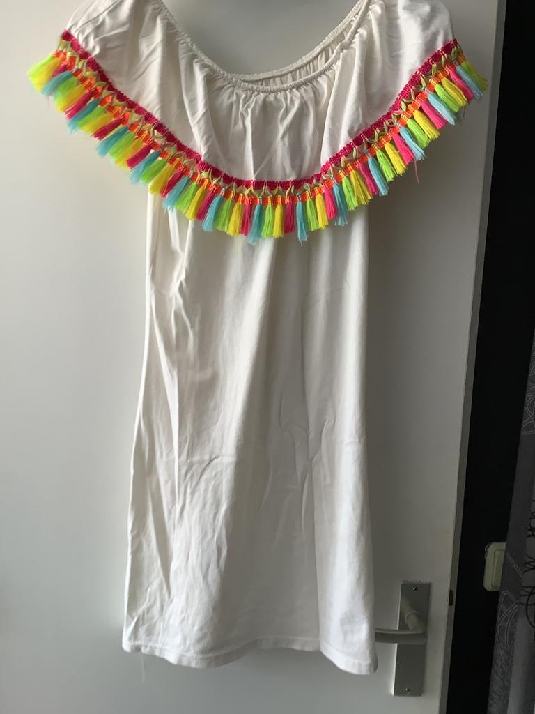Hippie Ibiza stijl jurk met kleurrijke kwastjes, Wit, Ophalen of Verzenden, Zo goed als nieuw, Maat 36 (S)