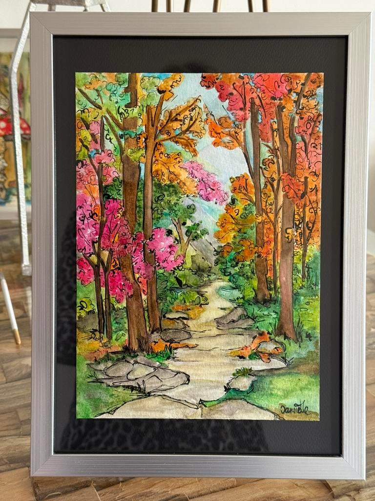 Aquarel /Schilderij Kleurrijke Herfst Bos, Ophalen of Verzenden