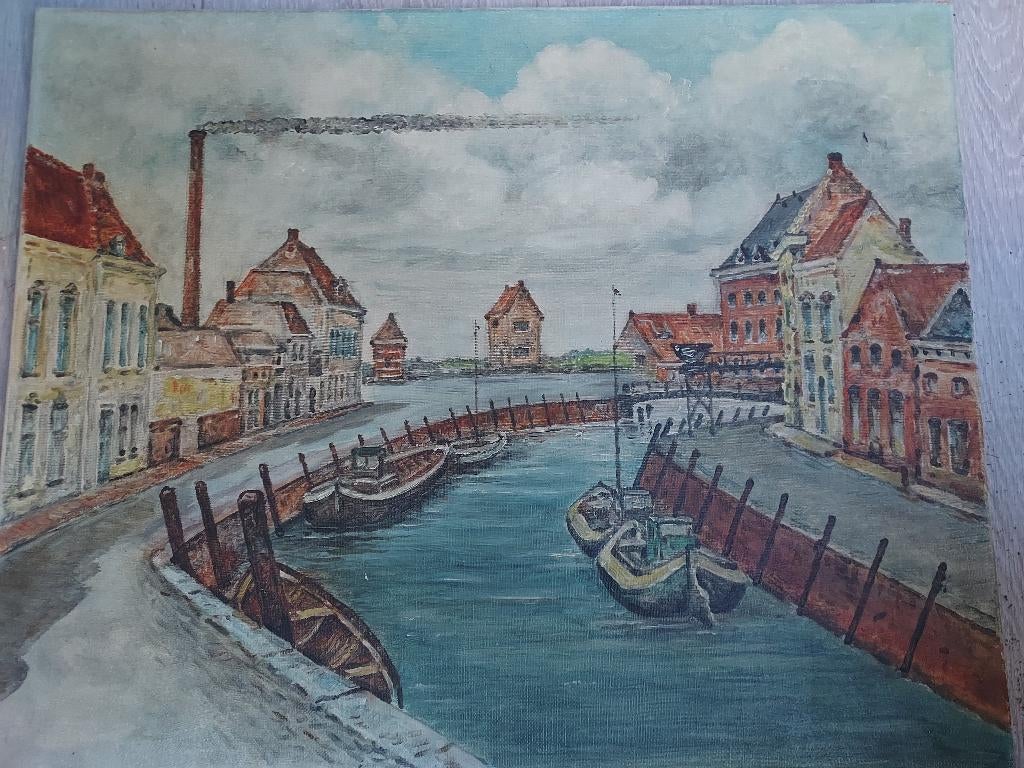 Voorcde echte bergenaar Schilderij oude haven., Antiek en Kunst, Ophalen of Verzenden