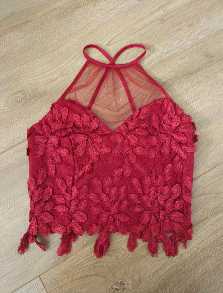 River Island - Top bordeaux rood mesh 3D kant - mt 32, Verzenden, River Island, Zo goed als nieuw, Zonder mouw