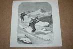 Antieke gravure - Jagers op ski's in Noorwegen - 1873 !!, Antiek en Kunst, Ophalen of Verzenden