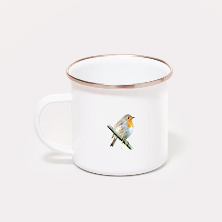 Emaille mok Veluwse Plaatjes - roodborstje, Antiek en Kunst, Antiek | Emaille, Ophalen of Verzenden