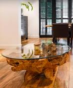 Salontafel teakhout, Huis en Inrichting, Tafels | Salontafels, Ophalen, Glas, Rond, Zo goed als nieuw