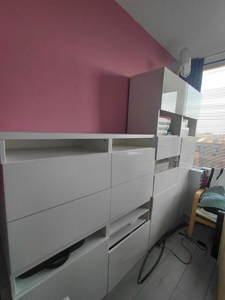 Drie witte ikea besta kasten met lades en deurtjes, Huis en Inrichting, Kasten | Schoenenkasten, Gebruikt, Ophalen