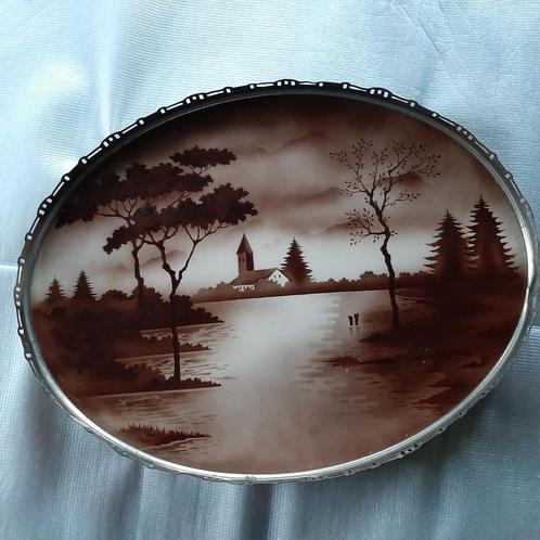 Dienblad ovaal met porseleinen tegel in bruine tinten, Antiek en Kunst, Antiek | Woonaccessoires, Ophalen