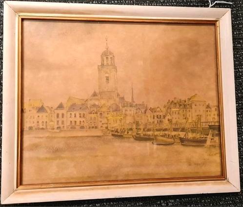 Oude tekening Deventer skyline met schipbrug gesigneerd, Antiek en Kunst, Kunst | Tekeningen en Foto's, Ophalen