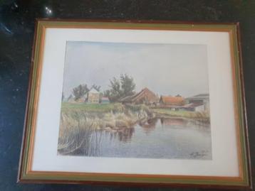 Kleur potlood tekening Hollands Landschap A. Janssen beschikbaar voor biedingen