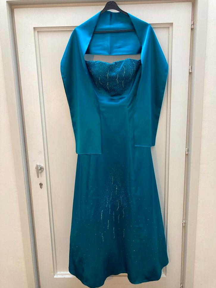 Turquoise Galajurk Maat 38, Kleding | Dames, Jurken, Gedragen, Maat 38/40 (M), Blauw, Onder de knie, Ophalen of Verzenden