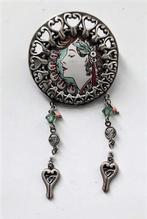 Prachtige zilveren Jugendstil broche met vrouwenkopje, 925, Ophalen, Zo goed als nieuw, Zilver, Zilver