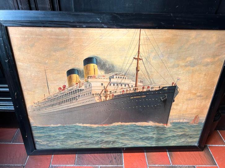 Antieke prent Nederland stoomschip M.S. Jan Pietersz Coen, Verzamelen, Scheepvaart, Gebruikt, Kaart, Foto of Prent, Ophalen of Verzenden