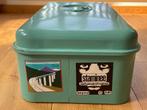 Vintage metalen broodtrommel mint kleurig met stickers, Ophalen of Verzenden