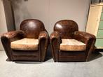 Set Vintage Leren Art Deco fauteuils Craquelé Leer, Gebruikt, Vintage Landelijk, Leer, 75 tot 100 cm