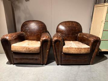 Set Vintage Leren Art Deco fauteuils beschikbaar voor biedingen