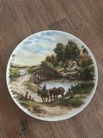 Wandbord landschap met brug, persoon en paarden, Ophalen of Verzenden