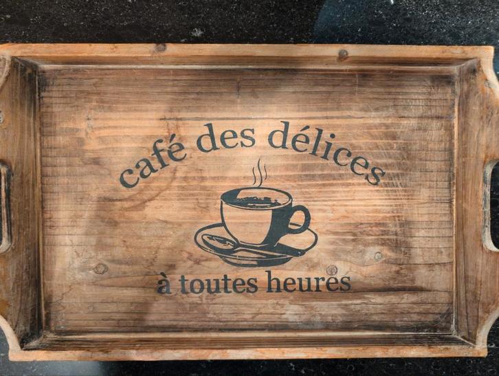 Houten Dienblad - Café des Délices, Huis en Inrichting, Woonaccessoires | Dienbladen, Gebruikt, Hout, Rechthoekig, Ophalen