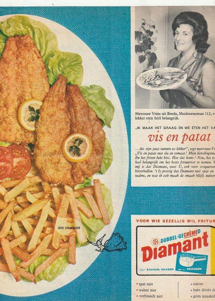Retro reclame 1962 Diamant vis en patat mevr. Vrins, Verzamelen, Retro, Overige typen, Verzenden