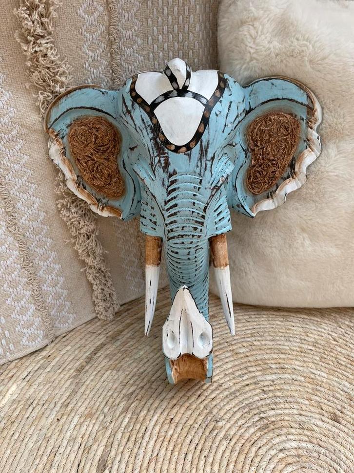 Nieuw houten olifantenkop lichtblauw, Huis en Inrichting, Woonaccessoires | Wanddecoraties, Nieuw, Ophalen of Verzenden